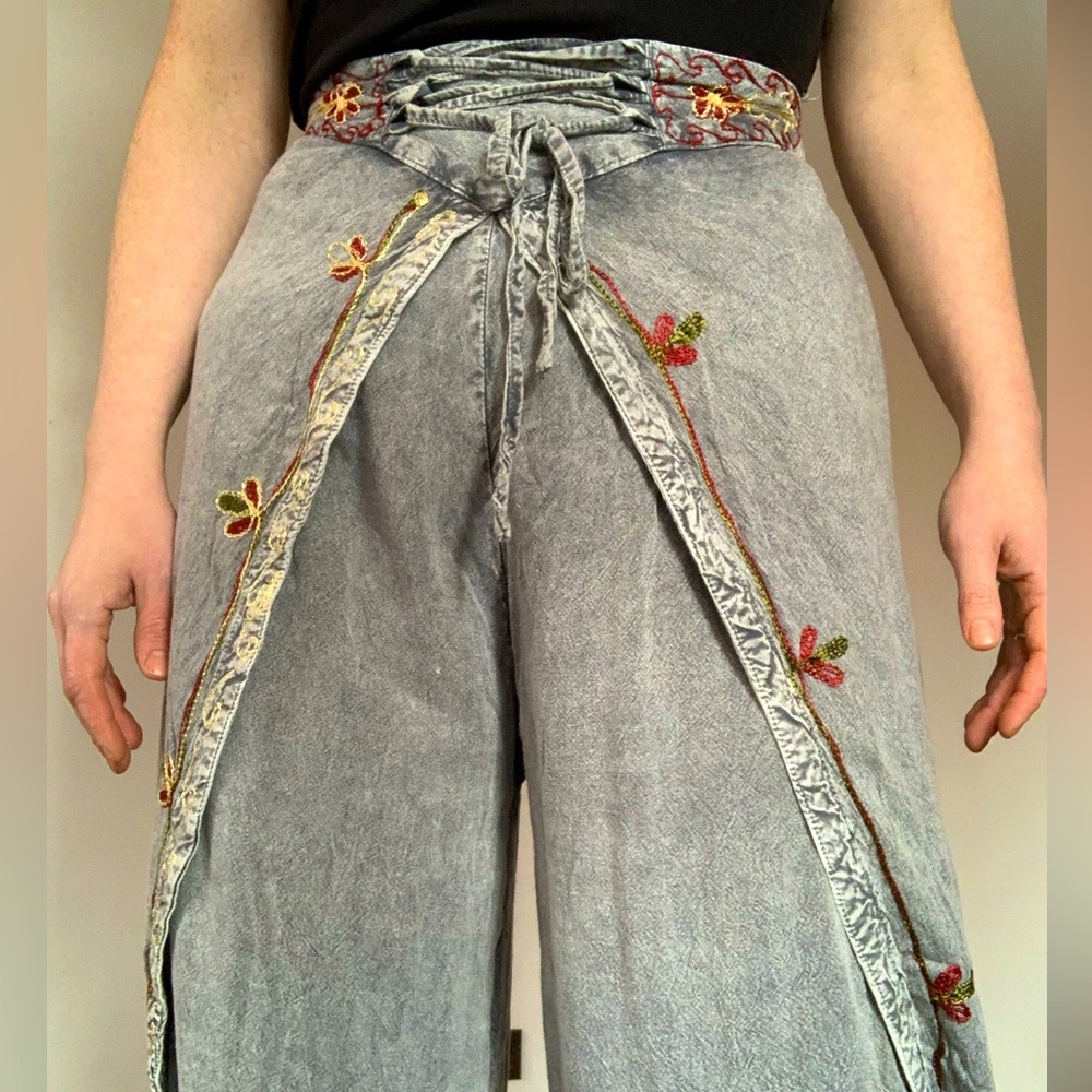 Bohemian Wrap-Leg Pants – Embroidered & Flowy